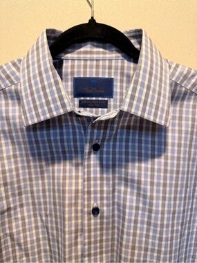 David Donahue Blue and White Checked Dress Shirt [ 16 32/33 Trim Fit]